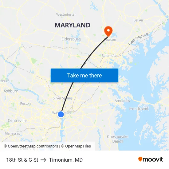 18th St & G St to Timonium, MD map