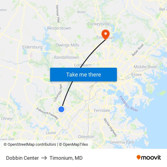 Dobbin Center to Timonium, MD map