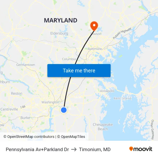 Pennsylvania Av+Parkland Dr to Timonium, MD map