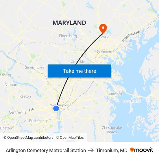 Arlington Cemetery  Metrorail Station to Timonium, MD map