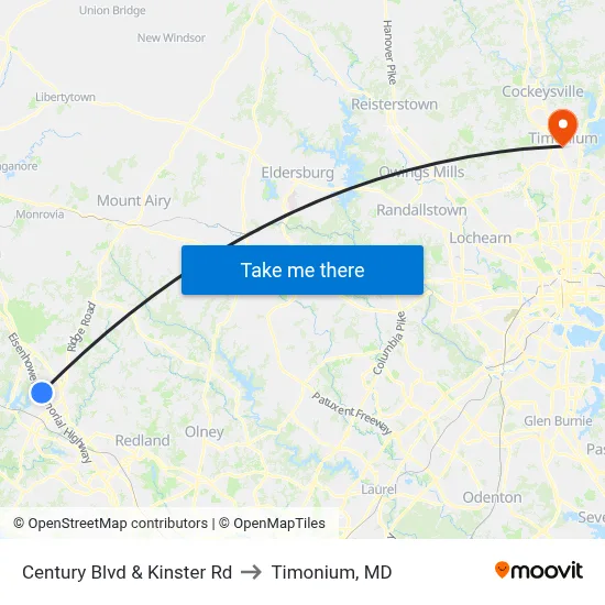 Century Blvd & Kinster Rd to Timonium, MD map