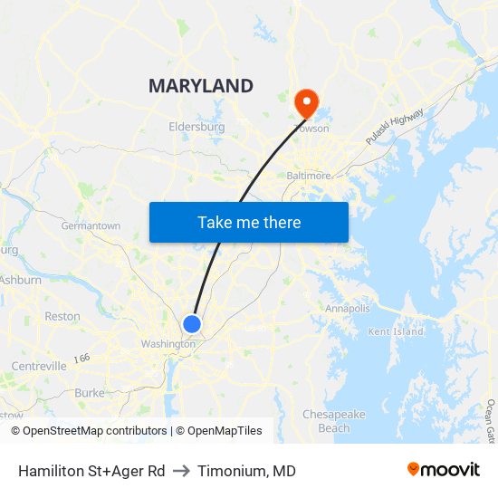 Hamiliton St+Ager Rd to Timonium, MD map