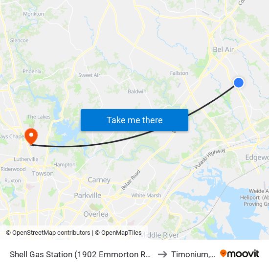 Shell Gas Station (1902 Emmorton Rd/Rt 924) to Timonium, MD map