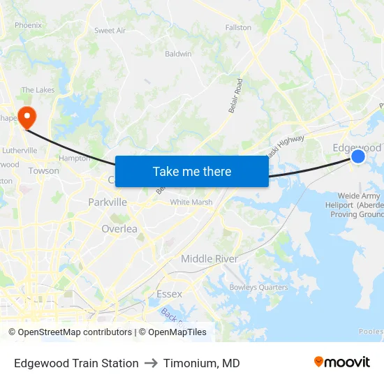 Edgewood Train Station to Timonium, MD map