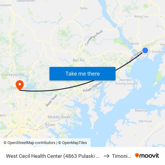 West Cecil Health Center (4863 Pulaski Hwy/Us 40 at Roundabout) to Timonium, MD map