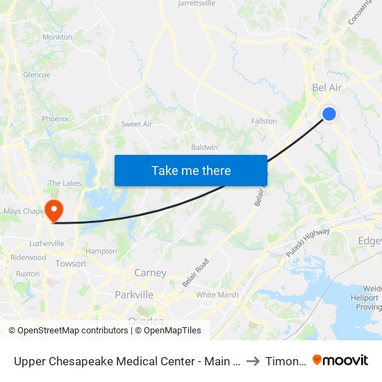 Upper Chesapeake Medical Center - Main Entrance (500 Upper Chesapeake Dr) to Timonium, MD map