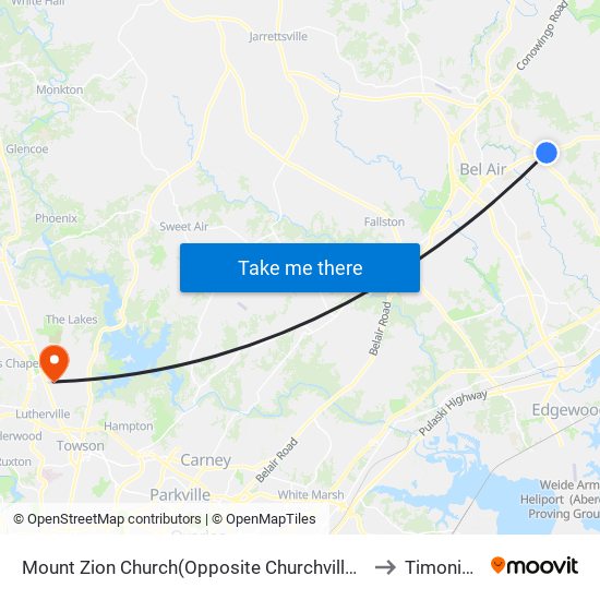 Mount Zion Church(Opposite Churchville Rd/Rt 22 & Andreas Dr) to Timonium, MD map