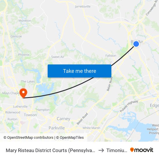 Mary Risteau District Courts (Pennsylvania Ave Near Bond St) to Timonium, MD map