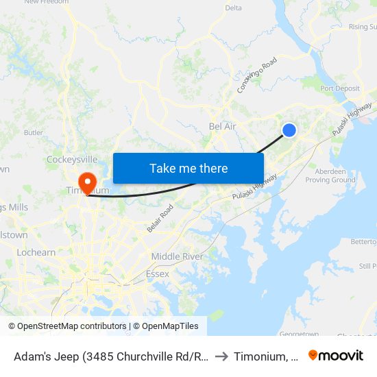 Adam's Jeep (3485 Churchville Rd/Rt 22) to Timonium, MD map