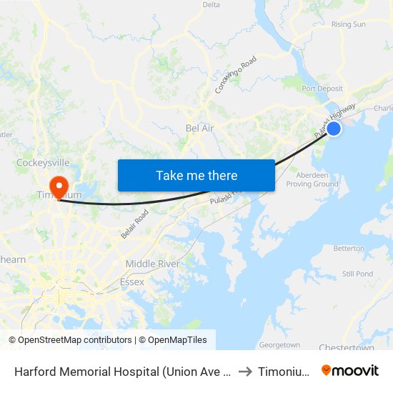 Harford Memorial Hospital (Union Ave & Revolution St) to Timonium, MD map