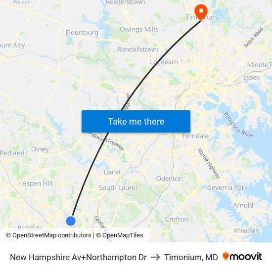 New Hampshire Av+Northampton Dr to Timonium, MD map