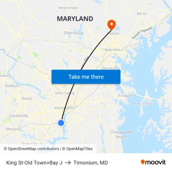 King St-Old Town+Bay J to Timonium, MD map