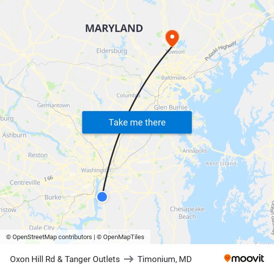 Oxon Hill Rd & Tanger Outlets to Timonium, MD map