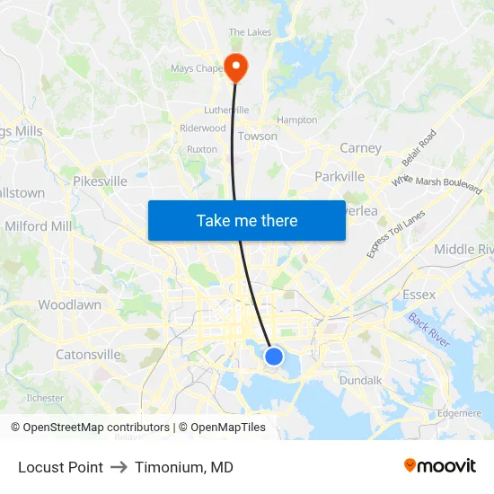 Locust Point to Timonium, MD map
