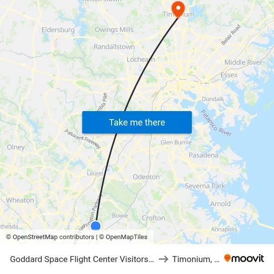Goddard Space Flight Center Visitors Center to Timonium, MD map