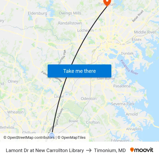 Lamont Dr at New Carrollton Library to Timonium, MD map