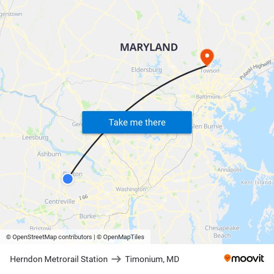 Herndon Metrorail Station to Timonium, MD map