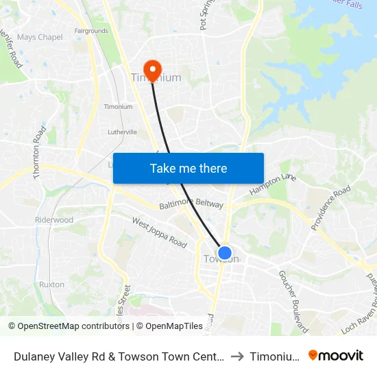 Dulaney Valley Rd & Towson Town Center Mall - Macy's Nb to Timonium, MD map