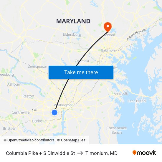 Columbia Pike + S Dinwiddie St to Timonium, MD map