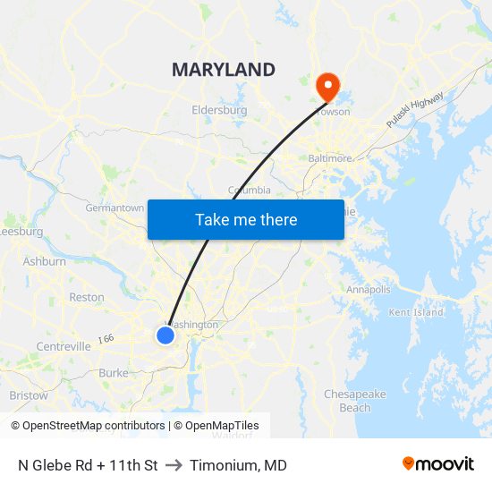 N Glebe Rd + 11th St to Timonium, MD map