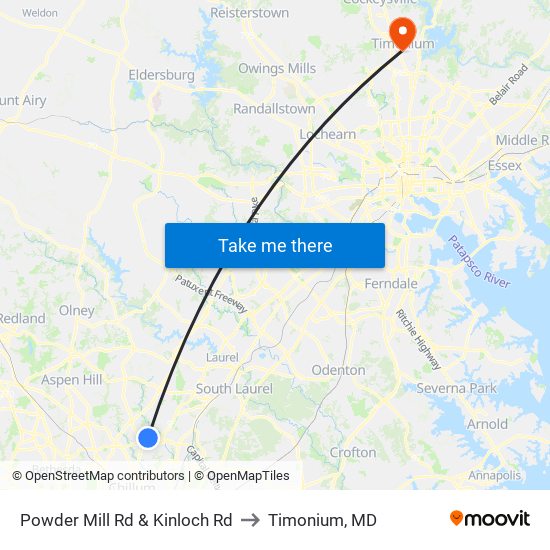 Powder Mill Rd & Kinloch Rd to Timonium, MD map