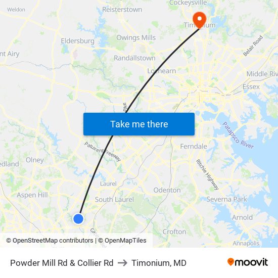 Powder Mill Rd & Collier Rd to Timonium, MD map