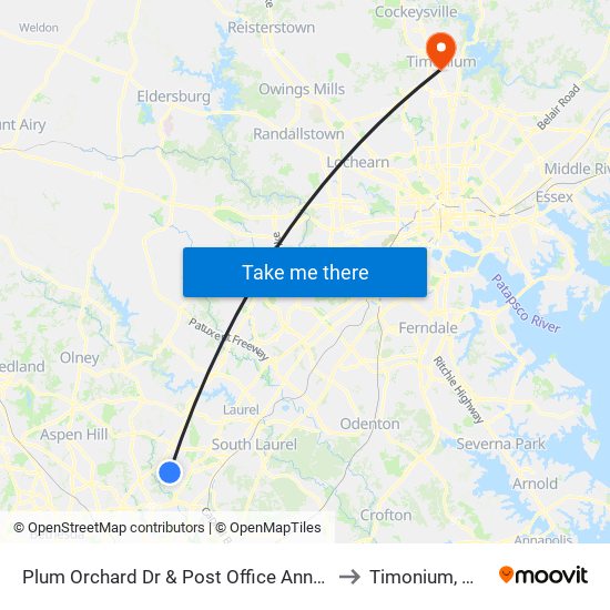 Plum Orchard Dr & Post Office Annex to Timonium, MD map