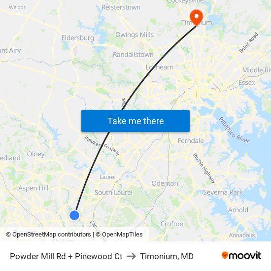 Powder Mill Rd + Pinewood Ct to Timonium, MD map