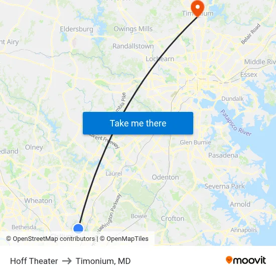 Hoff Theater to Timonium, MD map