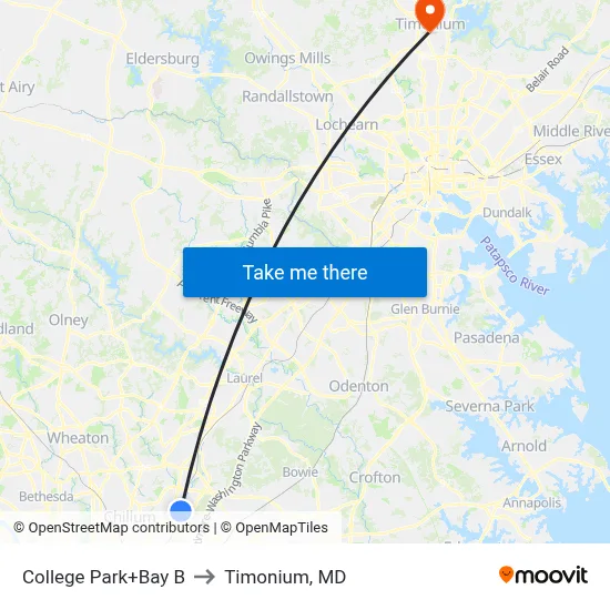 College Park+Bay B to Timonium, MD map