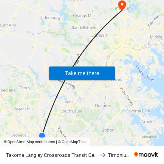 Takoma Langley Crossroads Transit Center + Bus Bay A to Timonium, MD map