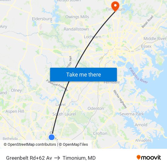 Greenbelt Rd+62 Av to Timonium, MD map