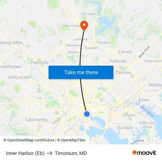 Inner Harbor (Eb) to Timonium, MD map