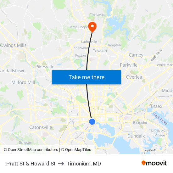 Pratt St & Howard St to Timonium, MD map