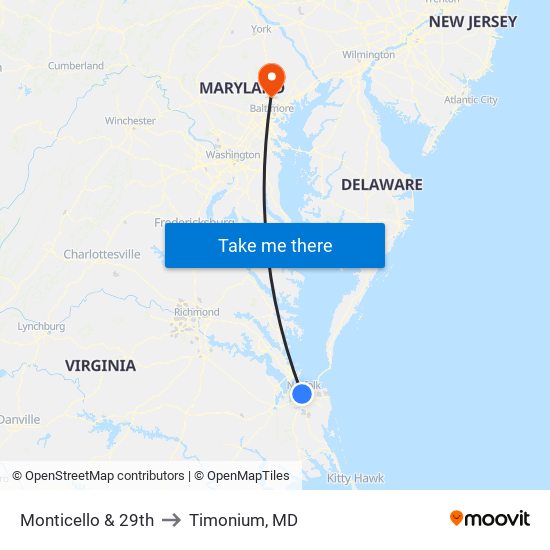 Monticello & 29th to Timonium, MD map