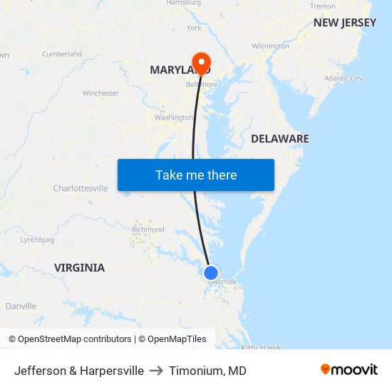 Jefferson & Harpersville to Timonium, MD map