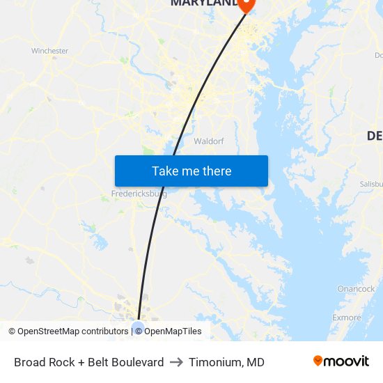 Broad Rock + Belt Boulevard to Timonium, MD map