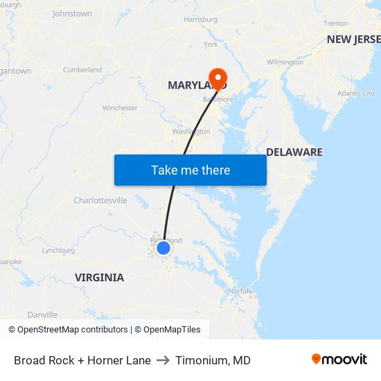 Broad Rock + Horner Lane to Timonium, MD map