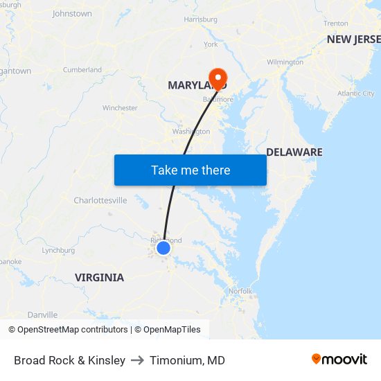 Broad Rock & Kinsley to Timonium, MD map