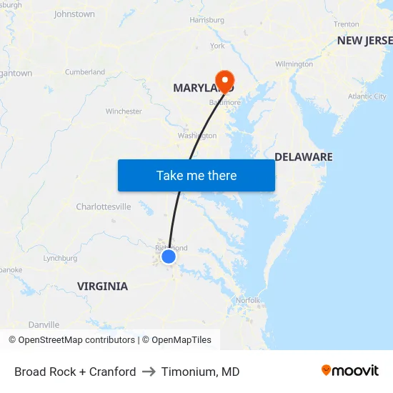 Broad Rock + Cranford to Timonium, MD map