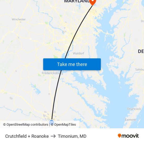 Crutchfield + Roanoke to Timonium, MD map