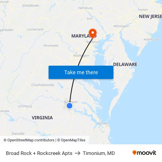 Broad Rock + Rockcreek Apts to Timonium, MD map