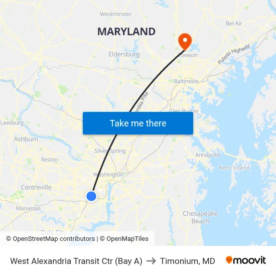 West Alexandria Transit Ctr (Bay A) to Timonium, MD map