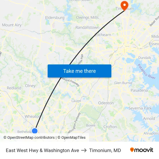 East West Hwy & Washington Ave to Timonium, MD map