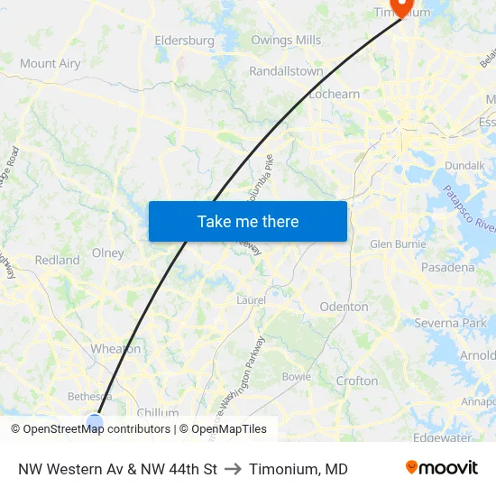 NW Western Av & NW 44th St to Timonium, MD map
