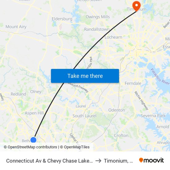 Connecticut Av & Chevy Chase Lake Dr to Timonium, MD map