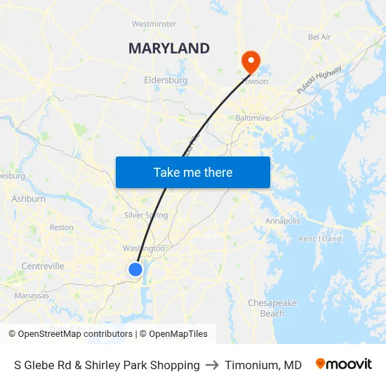 S Glebe Rd & Shirley Park Shopping to Timonium, MD map