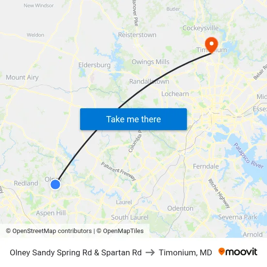 Olney Sandy Spring Rd & Spartan Rd to Timonium, MD map