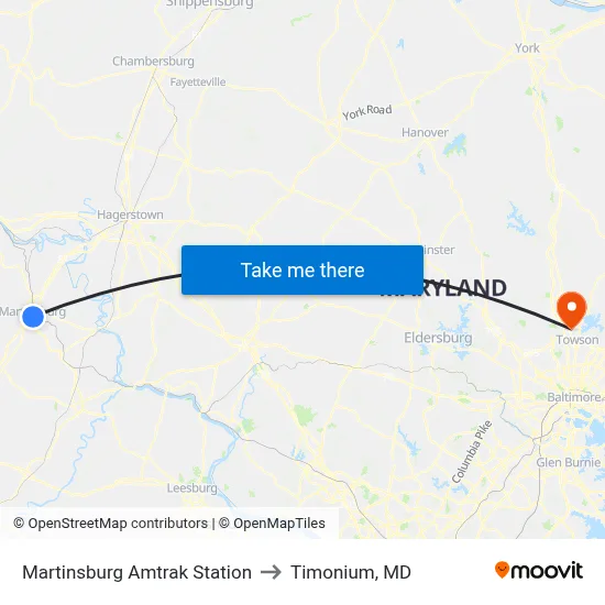 Martinsburg Amtrak Station to Timonium, MD map