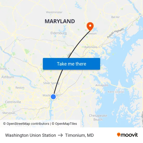 Washington Union Station to Timonium, MD map